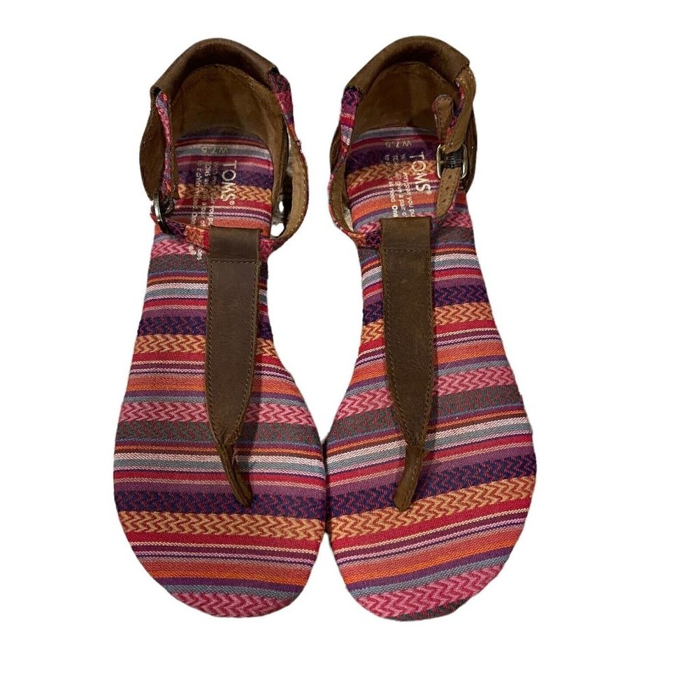 TOMS Women's 7.5 Canvas Thong Sandals Adjustable Ankle Strap Colorful Stripes